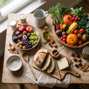 Alimentación de otoño con frutas y verduras de temporada