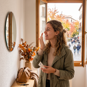 Mujer aplicando protección solar facial en otoño